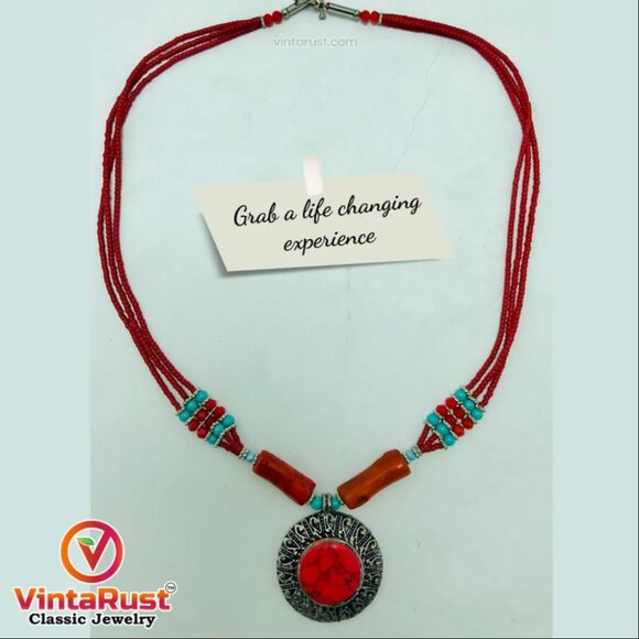 Beaded Multilayers Chain Necklace With Pendant, Ethnic Statement Necklaces - Picture 4 of 10